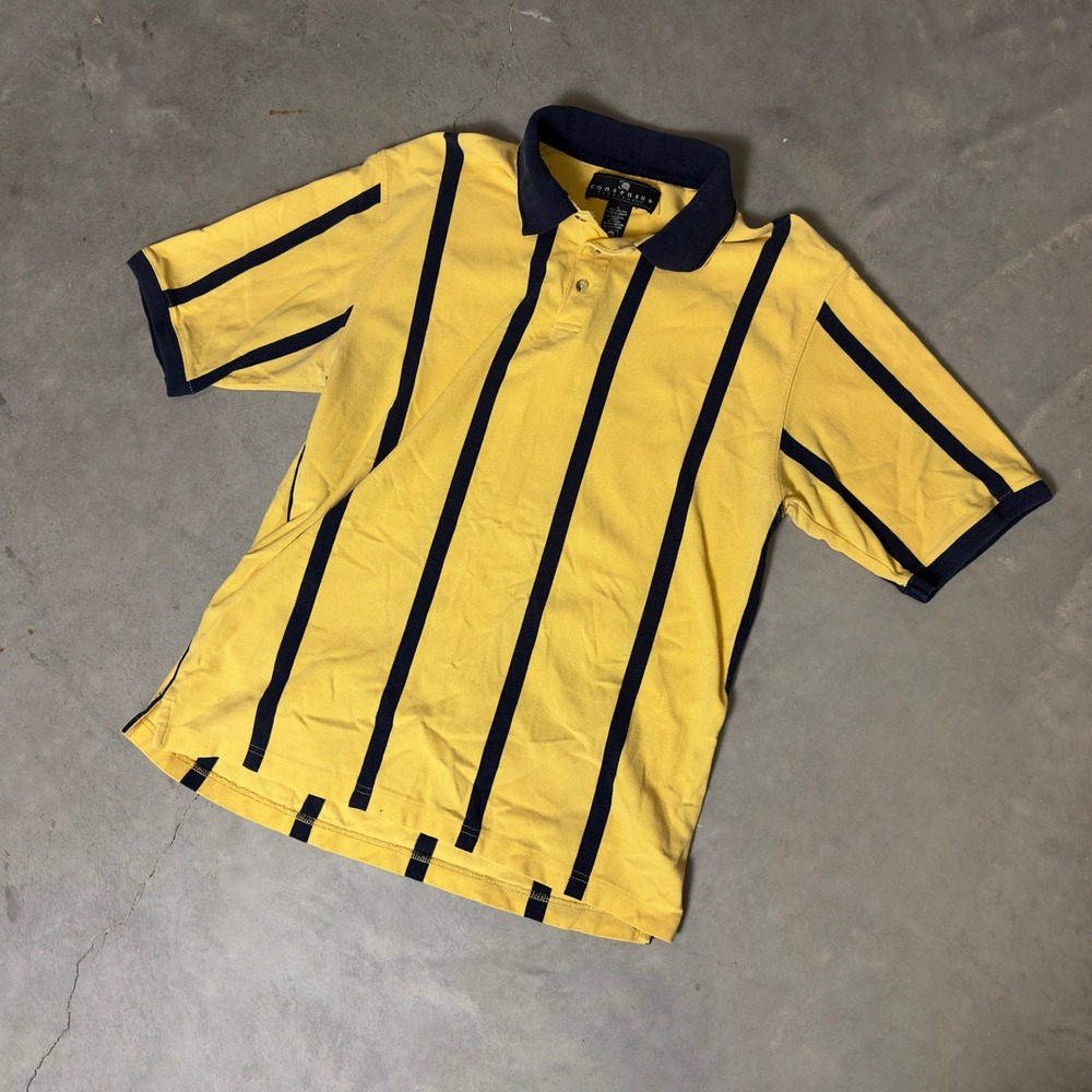 Vintage Consensus Sportswear Polo Shirt Mens‎ L Yellow Navy Vertical Stripe 90s